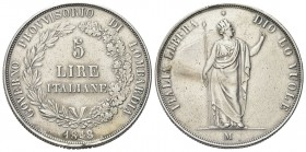 MILANO
Governo Provvisorio di Lombardia, 1848.. 5 Lire 1848 rami corti, base sottile, stella lontana.
Ag gr. 24,80
Dr. GOVERNO PROVVISORIO DI LOMBA...