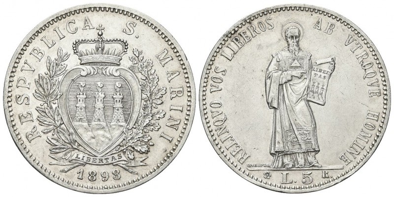 SAN MARINO
Vecchia monetazione, 1864-1938.. 5 Lire 1898.
Ag 
Dr. Stemma coron...