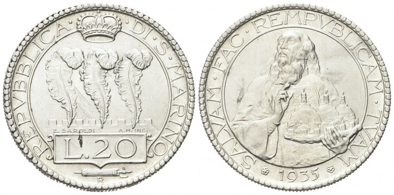 SAN MARINO
Vecchia monetazione, 1864-1938.. 20 Lire 1935.
Ag gr. 14,90
Dr. Tr...