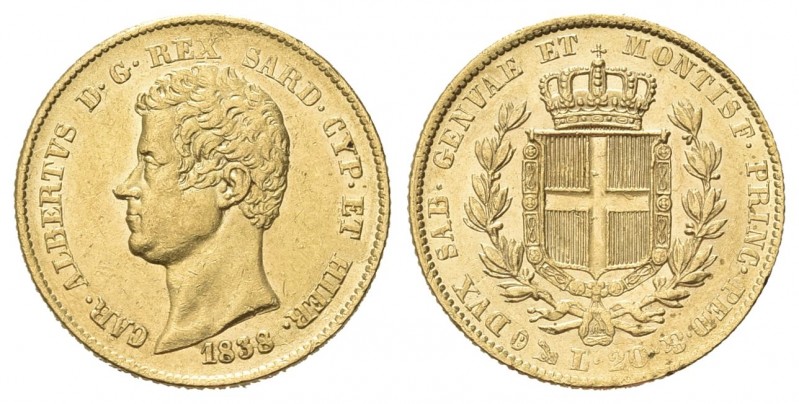 REGNO DI SARDEGNA
Carlo Alberto, 1831-1849.. 20 Lire 1838 Genova.
Au 
Dr. Tes...