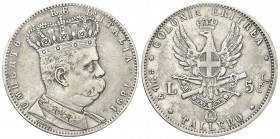 COLONIA ERITREA
Umberto I, 1890-1896.. 5 Lire (Tallero) 1891 Roma.
Ag 
Dr. Semibusto del sovrano in uniforme, con testa coronata rivolta a d. 
Rv....