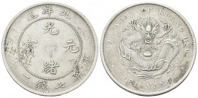 CINA
Te Tsung, 1875-1908.. Dollaro a. 34, 1908.
Ag gr. 26,59
Dr. Valore e data.
Rv. Dragone.
KM#73.2.
Bel BB