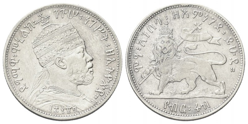 ETIOPIA
Menelik II, 1889-1913.. 1/4 di Birr 1889 (1897).
Ag gr. 6,97
Dr. Bust...