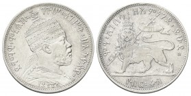 ETIOPIA
Menelik II, 1889-1913.. 1/4 di Birr 1889 (1897).
Ag gr. 6,97
Dr. Busto coronato a d.
Rv. Leone vessillifero verso s. 
KM#14.
q. SPL