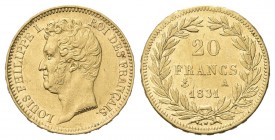 FRANCIA
Luigi Filippo I, 1830-1848.. 20 Franchi 1831 A, zecca di Parigi.
Au gr. 6,40
Dr. Testa laureata a s.
Rv. Valore e data entro corona.
KM# ...