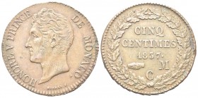 MONACO
Onorato V, Principe di Monaco, 1819-1841.. 5 Cents 1837 MC.
Æ 
Dr. Testa nuda a s.
Rv. Valore e data entro corona di lauro. 
KM#95.2a.
BB...