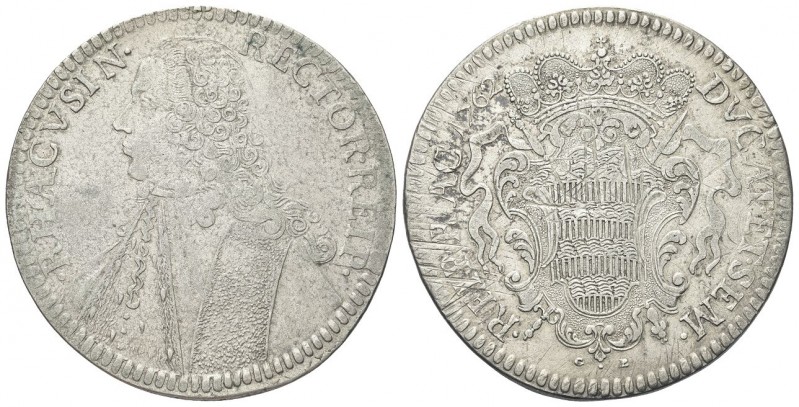 RAGUSA
Repubblica, 1358-1808.. Tallero Rettorale 1762 G-B.
Ag gr. 28,95
Dr. R...