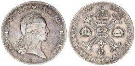 Austria Austrian Netherlands 1 Thaler 1793 B Kremnica. Franz II (1792-1806). Av: Garlanded head right. Rev: Saltire cross of knotty staves; three crow...