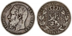Belgium 5 Francs 1868 Leopold II(1865-1909). Position A. Averse: Smaller head engraver's name near rim below truncation. Averse Legend: LEOPOLD II ROI...