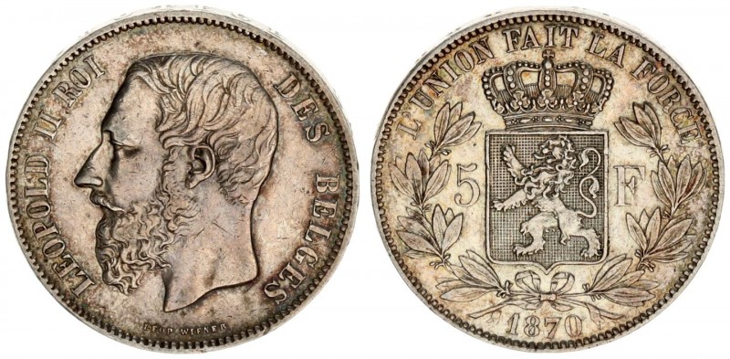 Belgium 5 Francs 1870 Leopold II(1865-1909.). Averse: Smaller head engraver's na...