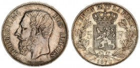 Belgium 5 Francs 1870 Leopold II(1865-1909.). Averse: Smaller head engraver's name near rim below truncation. Averse Legend: LEOPOLD II ROI DES BELGES...