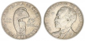 Cuba 25 Centavos 1953 Centennial - Birth of Jose Marti. Averse: Liberty cap on post denomination at right. Reverse: Bust left. Silver. KM 27