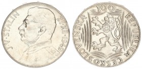 Czechoslovakia 100 Korun 1949 70th Birthday - Josef V. Stalin. Averse: Czech lion with Slovak shield denomination above. Reverse: Uniformed bust left ...