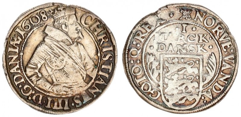 Denmark 1 Mark 1608 (m) Christian IV (1588-1648). Averse: Crowned 1/2-length fig...