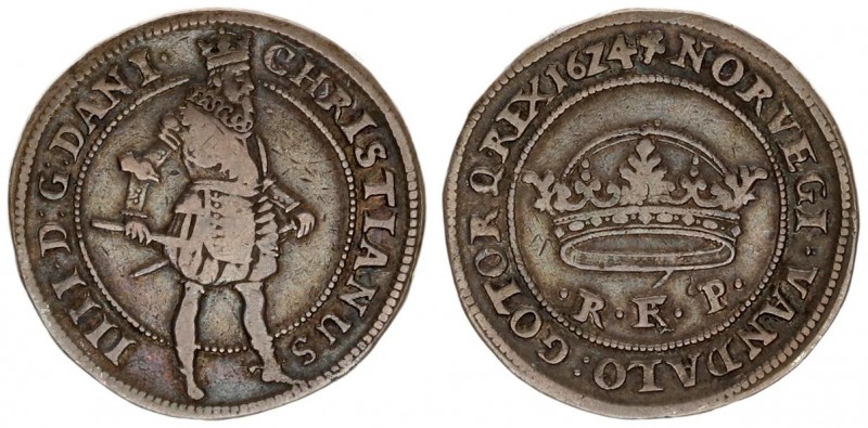 Denmark 1 Krone 1624 (a) Christian IV(1588-1648). Averse: Crowned standing figur...