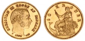 Denmark 10 Kroner 1898 (h) VBP; HC Christian IX(1863-1906). Averse: Head right. Reverse: Seated figure left with shield and porpoise. Gold. KM 790.2