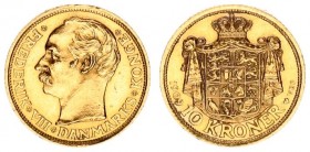 Denmark 10 Kroner 1909(h) VBP; GJ Frederik VIII(1906–1912). Averse: Head left with titles. Reverse: Draped crowned national arms above date value mint...
