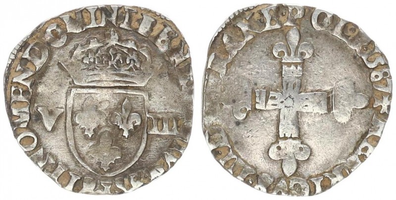 France 1/8 Ecu 1587 L Henry III (1574-1589) 1/8 Ecu 1587 L Bayonne Av.:Lily cros...