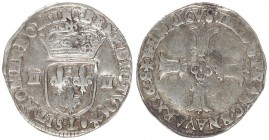 France 1/4 Ecu 1608 L Henry IV (1589-1610) 1/4 Ecu 1608 L Bayonne. Av.: Lily cross. Rv.:Crowned lily crest between II-II. Silver. Dupl: 1224; SB: 468