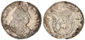 France 1/2 Ecu 1694 A Louis XIV(1643-1715). Averse: Mailed bust right. Reverse: Crowned circular shield of France dividing palm branches. Silver. KM 2...