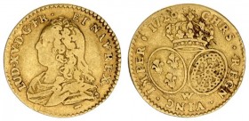 France 1/2 Louis D'or 1726 W Louis XV(1715-74). Averse: Draped bust left. Averse Legend: LUD • XV • D • G • FR • ET • NAV • REX • . Reverse: Crown abo...