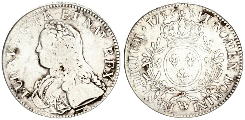 France 1 Ecu ECU 1733 W Louis XV(1715-1774). Averse: Bust left. Averse Legend: L...