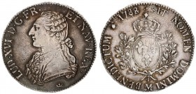 France 1 Ecu 1788 M Louis XVI 1775-1793 Av: Uniformed bust left Rv: Crowned arms of France within branches M (Toulouse). Mintage 1.343.000. Silver. KM...
