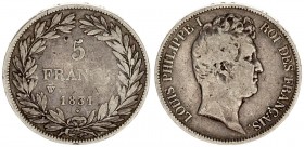 France 5 Francs 1831 W Louis Philippe (1830-1848). Averse: Head right. Averse Legend: LOUIS PHILIPPE I ROI... Reverse: Denomination within wreath. Edg...