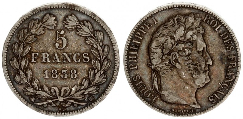 France 5 Francs 1838 BB Louis Philippe (1830-1848). Averse: Laureate head right....