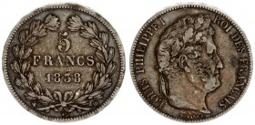 France 5 Francs 1838 BB Louis Philippe (1830-1848). Averse: Laureate head right. Reverse: Mint marks at edge outside wreath. Silver. KM 749.3
