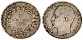 France 5 Francs 1852 A Napoleon III(1852 - 1870). Averse: Head left. Reverse: Denomination within wreath. Silver. KM 773.1