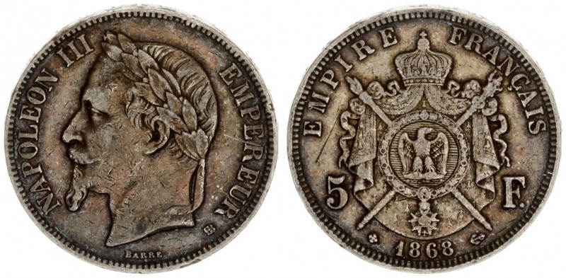 France 5 Francs 1868 BB Napoleon III(1852 - 1870). Averse: Laureate head left. A...