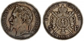 France 5 Francs 1868 BB Napoleon III(1852 - 1870). Averse: Laureate head left. Averse Legend: NAPOLEON III EMPEREUR. Reverse: Crowned and mantled arms...