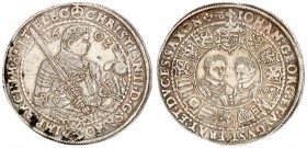 Germany Saxony 1 Thaler 1602 HB Christian II Johann Georg I & August (1591-1611). Averse: Half-length bust with sword over right shoulder divides date...
