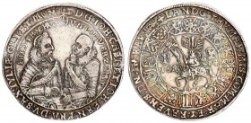 Germany Saxe old Gotha 1 Thaler 1614 WA. Johann Casimir & Johann Ernst (1572-1633). Reverse: Knight on horse dividing date. Silver. KM 17; Dav. 7429; ...