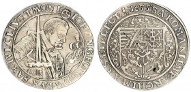 Germany Saxony 1/2 Thaler 1655 CR Johann Georg I (1611-1656). Averse: 1/2-length figure holding sword to right. Reverse: Without helmets above 4-fold ...