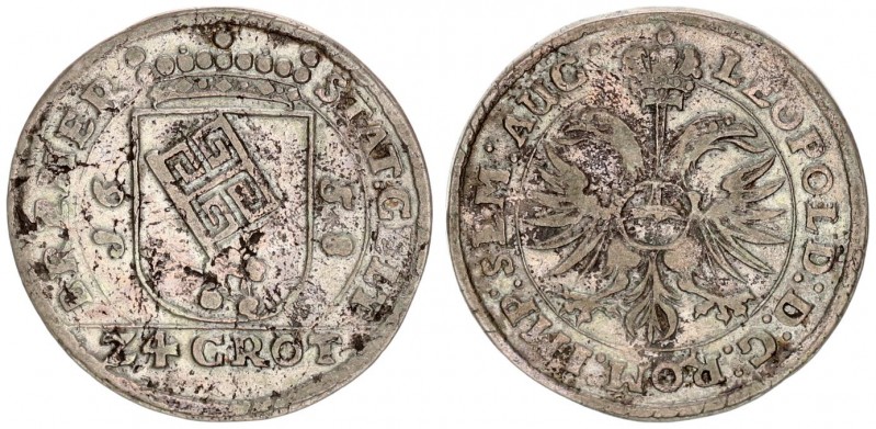 Germany Bremen 24 Grote 1658 Averse: Vertical date divided by arms. Reverse: Cro...