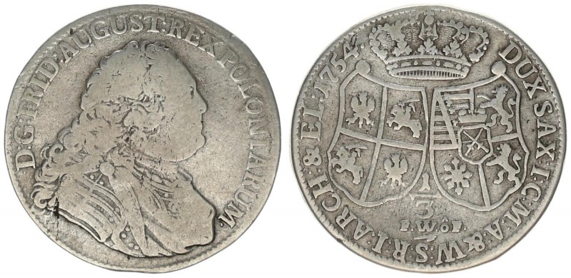 Germany Saxony 1/3 Thaler 1754 FWoF Friedrich Augustus III (1734-1763). Averse: ...
