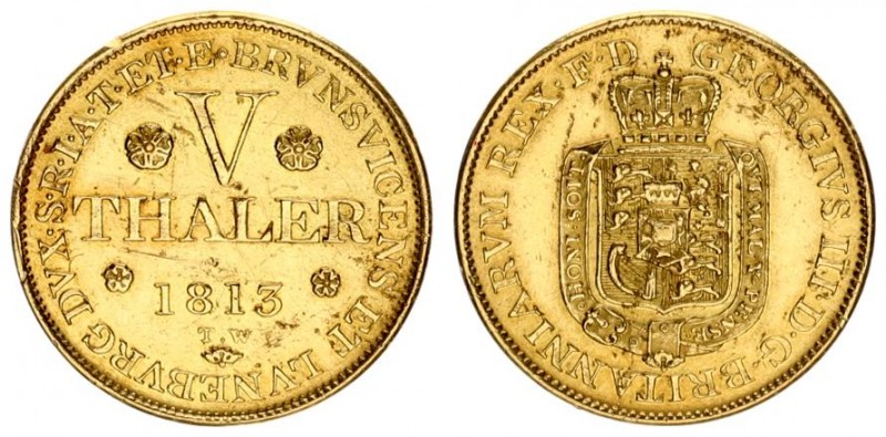 Germany Hannover 5 Thaler 1813 TW George III(1760-1820). Averse: Crowned arms. A...