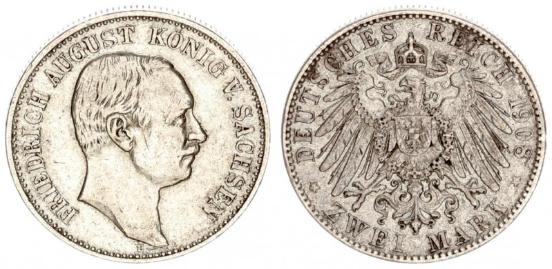 Germany Saxony 2 Mark 1908 E Friedrich August III(1904-1918). Averse: Head right...