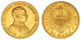 Germany Prussia 20 Mark 1913 A Wilhelm II(1888-1918). Averse: Uniformed bust right. Reverse: Crowned imperial eagle with shield on breast. Gold. J. 25...