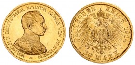 Germany Prussia 20 Mark 1914 A Wilhelm II(1888-1918). Averse: Uniformed bust right. Reverse: Crowned imperial eagle with shield on breast. Gold. J. 25...