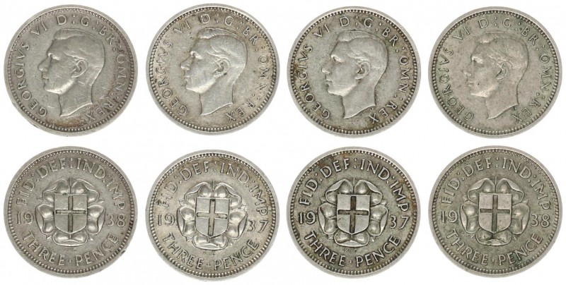 Great Britain 3 Pence 1937-1938 Lot of 4 Coins. George VI (1936-1947) Av: Head l...