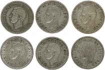 Great Britain 3 Pence 1939 Lot of 6 Coins. George VI (1936-1947) Av: Head left; T.H.Paget Rv: St. George shield on Tudor rose divides date; George Kru...