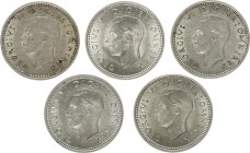 Great Britain 3 Pence 1941 Lot of 5 Coins. George VI (1936-1947) Av: Head left; T.H.Paget Rv: St. George shield on Tudor rose divides date; George Kru...