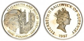 Guernsey 1 Pound 1997 Golden Wedding Anniversary. Elizabeth II(1952-). Averse: Crowned head right. Reverse: Queen Elizabeth II and Prince Philip monog...