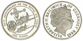 Guernsey 1 Pound 1998 80th Anniversary - Royal Air Force. Elizabeth II(1952-). Averse: Head with tiara right. Reverse: Three Spitfires and RAF Benevol...