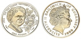 Guernsey 1 Pound 2000 Queen Mother's 100th Birthday. Elizabeth II(1952-). Averse: Head with tiara right. Reverse: Head facing flowers and age at right...