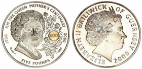 Guernsey 5 Pounds 2000 Queen Mother's 100th Birthday. Elizabeth II(1952-). Averse: Head with tiara right with gold-plated "100. Reverse: Queen Mother'...