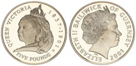 Guernsey 5 Pounds 2001 Queen Victoria Centennial. Elizabeth II(1952-). Averse: Head with tiara right. Reverse: Bust of Queen Victoria left. Edge Descr...